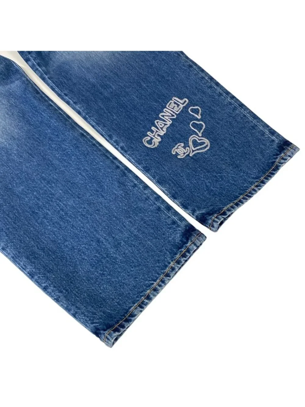 Chanel Jeans 36 S Blue Embroidery Denim Heart Coco Cotton